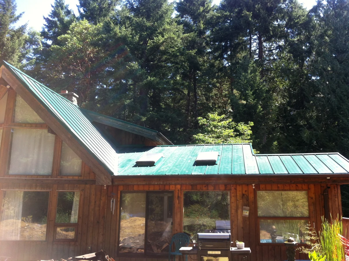 Metal roofing on a timber house surrounded by trees.